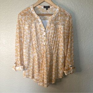 Cocomo Beachy Coastal Boho Cottage Core Blouse Sheer Floral Yellow Size Medium